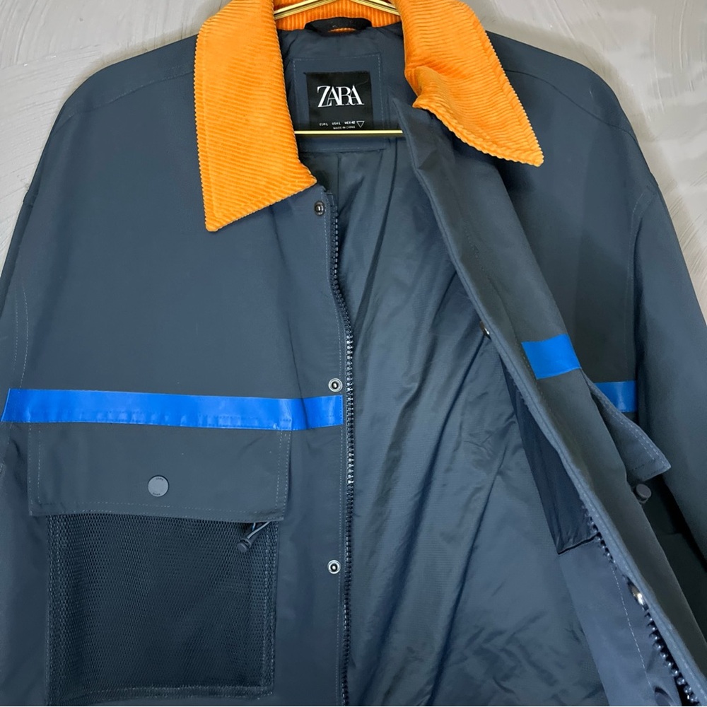 Zara Men's Dark Gray Jacket with Orange Collar - Picture 4 of 12